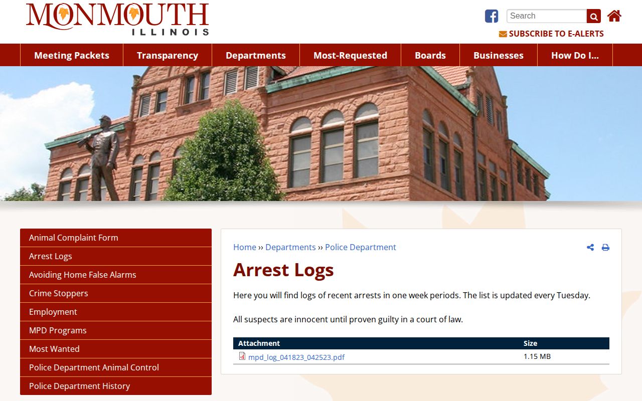 Monmouth Police arrest-log record page in Warren County